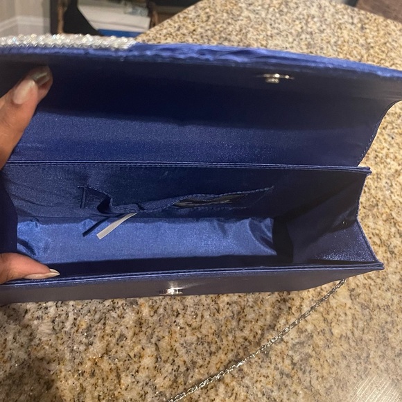 Royal Blue Rhinestone Embellished Pleated Design Clutch with Silver Chain. - Picture 3 of 4